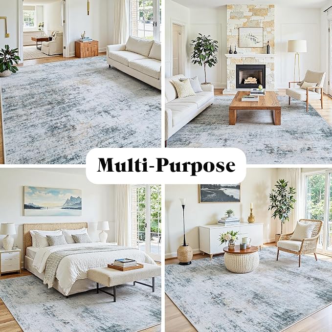 10x12 Washable Area Rug for Living Room Bedroom: Non-Slip Modern Blue Grey | Machine Washable TPR Backing, Stain-Resistant Low Pile, Pet & Kid Friendly, Abstract Decor for Dining Room, Dorm, Home Office