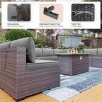 Kullavik 15PCS Outdoor Patio Furniture Set with 43" 55000BTU Gas Propane Fire Pit Table PE Wicker Rattan Sectional Sofa Patio Conversation Sets w/8 Coner Sofas,Grey