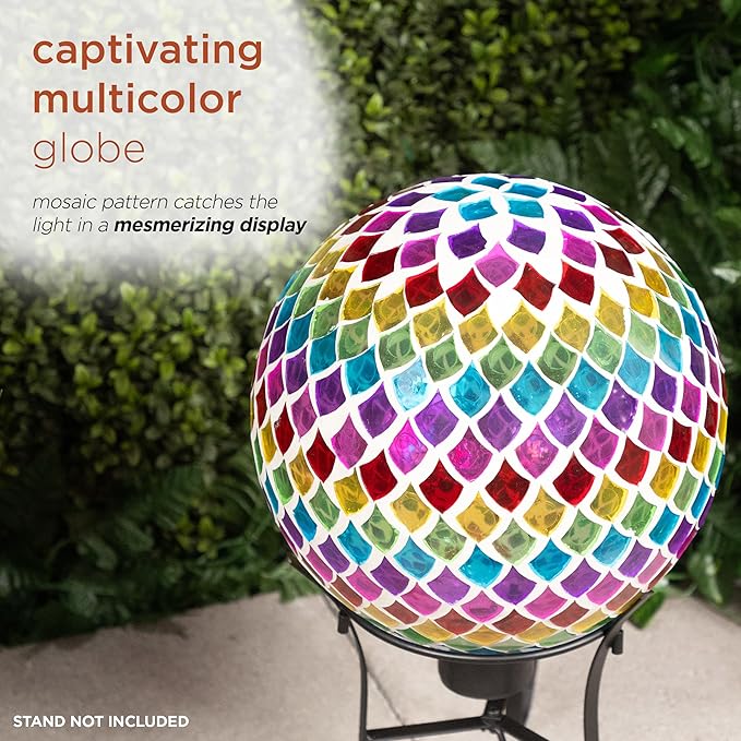 Alpine Corporation - Outdoor Glass Gazing Globe with Mosaic Teardrop Design -10 Inch Diameter, Multicolor