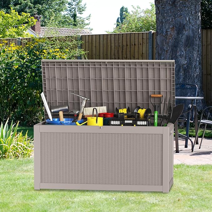 320 Gallon Waterproof Large Resin Deck Box Indoor/Outdoor Lockable Storage Container and Seating for Garden, Pool, and Patio (320 Gallon, Grey)