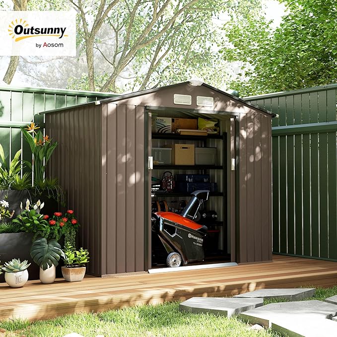 Outsunny 7' x 4' Outdoor Storage Shed, Garden Tool Metal Shed with Foundation Kit, Double Lockable Door, Air Vents and Sloping Roof, for Backyard, Patio, Lawn, Brown