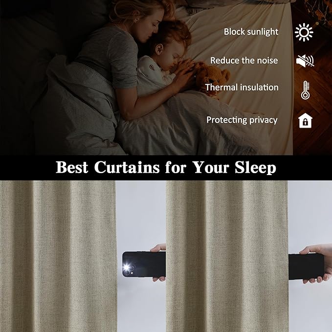 RAIN CITY Blackout Linen Blend Curtains 96 Inches Long 2 Panels, Black Out Drapes for Bedroom Living Room, Back Tab and Rod Pocket,Pinch Pleat Style with Hooks, Light Taupe, 50" Wide and 96" Length
