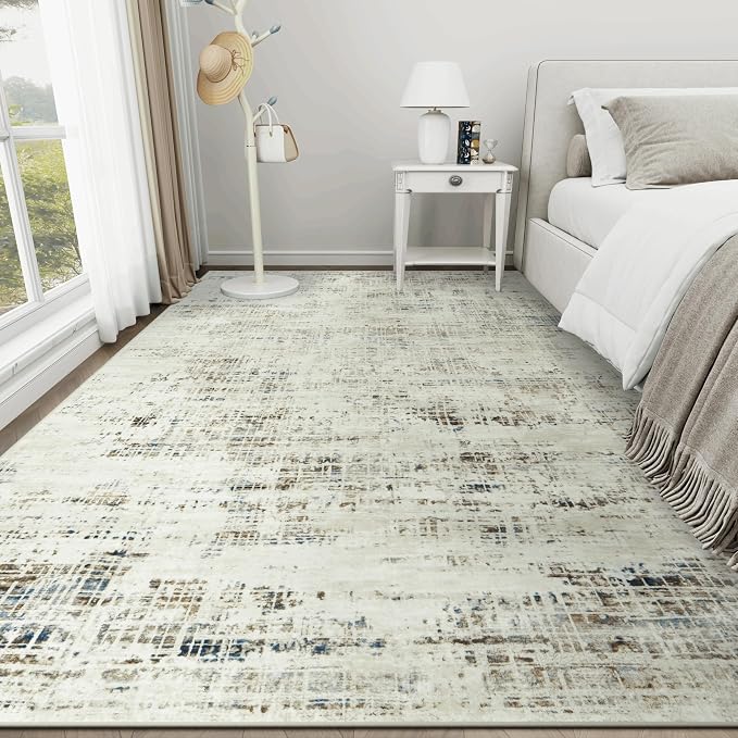 10x14 Washable Area Rug for Living Room Bedroom: Non-Slip Modern Gray White | Machine Washable TPR Backing, Stain-Resistant Low Pile, Pet & Kid Friendly, Abstract Decor for Dining Room, Dorm, Home Office