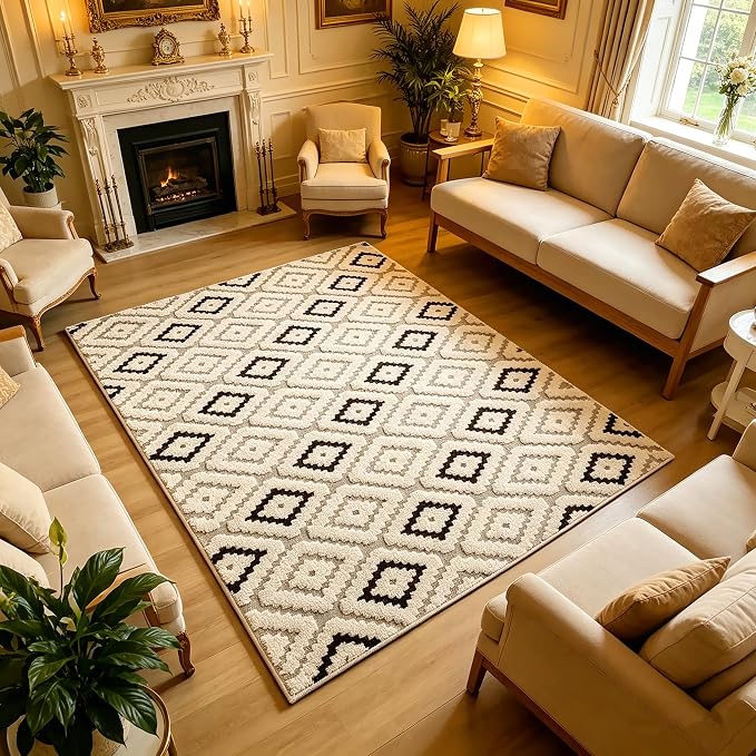 5'x7' Washable Area Rugs for Living Room Bedroom Office, Diamond | Soft Cozy Fluffy Mid Pile Machine Washable Non Slip Boho Modern Accent Rug for Dining Room Office Kids Room Dorm Hotel