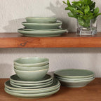 Gibson Elite Island Cove 16 Piece (Service for 4) Plates and Bowls Reactive Glaze Organic Round Dishes Stoneware Ceramic Dinnerware Set -Green