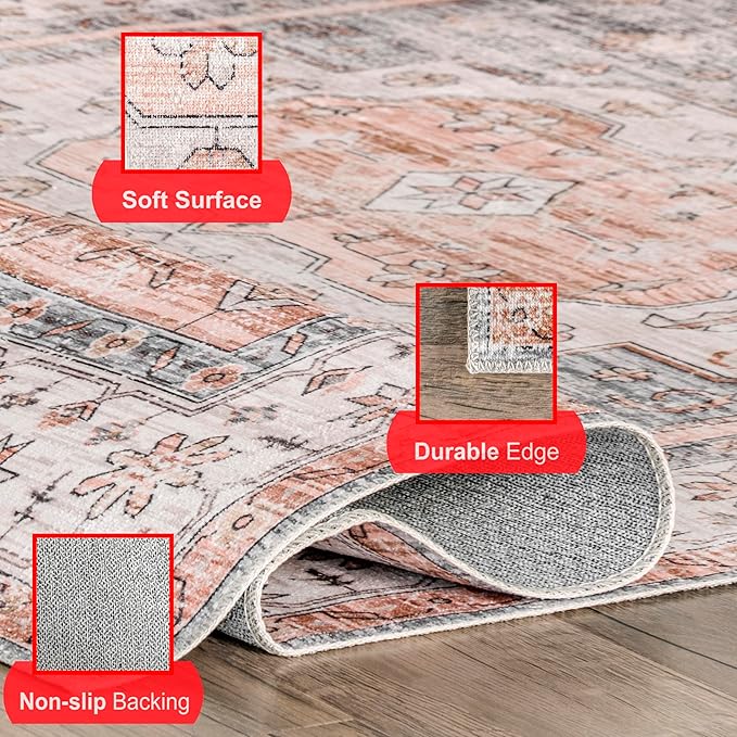 nuLOOM 4x6 Machine Washable Rain Haven Vintage Medallion Area Rug, Light Orange, Traditional Faded Design, Non-Slip Backing, Stain Resistant, For Bedroom, Dining Room, Living Room, Kitchen