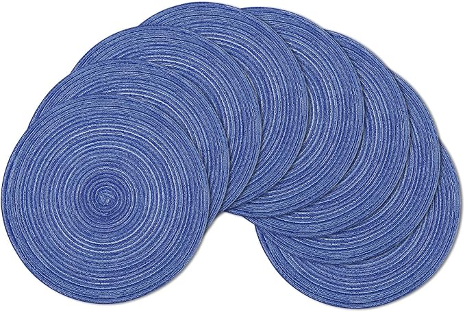 SHACOS Round Braided Placemats Set of 8 Round Table Mats for Dining Tables Washable Fabric Kitchen Table Place Mats (Blue White, 8)