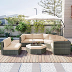 Patio 7-Piece Set, Half-Moon Curved Sectional Sofa Outdoor Rattan Furniture with Ottoman and No-Slip Cushions for Balcony, Porch, Garden, Zc-Beige