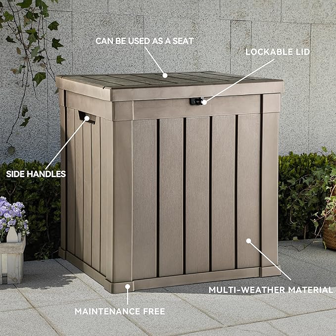 YITAHOME Deck Box, 51 Gallon Weatherproof Outdoor Storage Container for Patio Cushions, Pool Supplies, Garden Tools, Lockable Lid and Side Handles, Light Brown