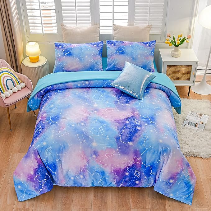 Btargot Lightweight Microfiber 6 Piece Comforter Set, Tie Dye Galaxy Constellation Pattern Bedding Set for Boys Girls Teen, Queen Blue Purple