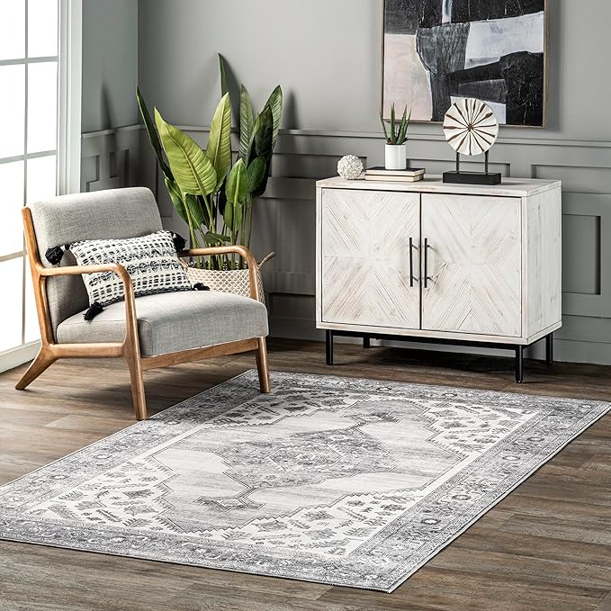 nuLOOM Gracie Distressed Medallion Machine Washable Ultra Thin Area Rug, 8x10, Grey