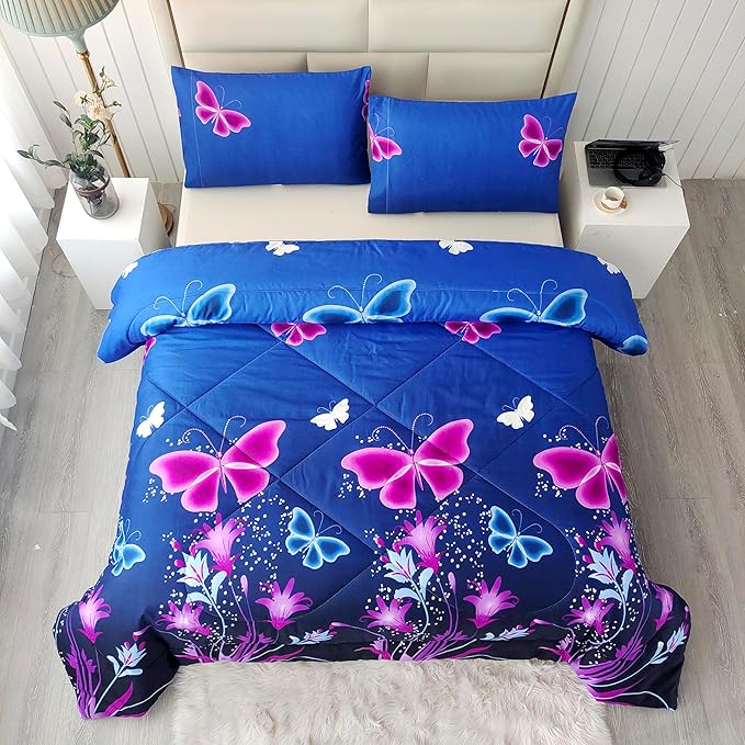 SDY 3PCS Butterfly Comforter Set Full, Butterflies Floral Comforter Set, Purple Comforter Full Size, Girls Bedroom Princess Bedding Set for Kids, Toddler, Children, Teenage, Baby, Women…