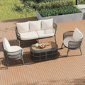 Furniture 4-Piece Outdoor Patio Conversation Seating for 5 Person and Coffee Table, Rattan Chair Wicker Sofa Bistro Sets for Porch, Backyard and Garden, Grey