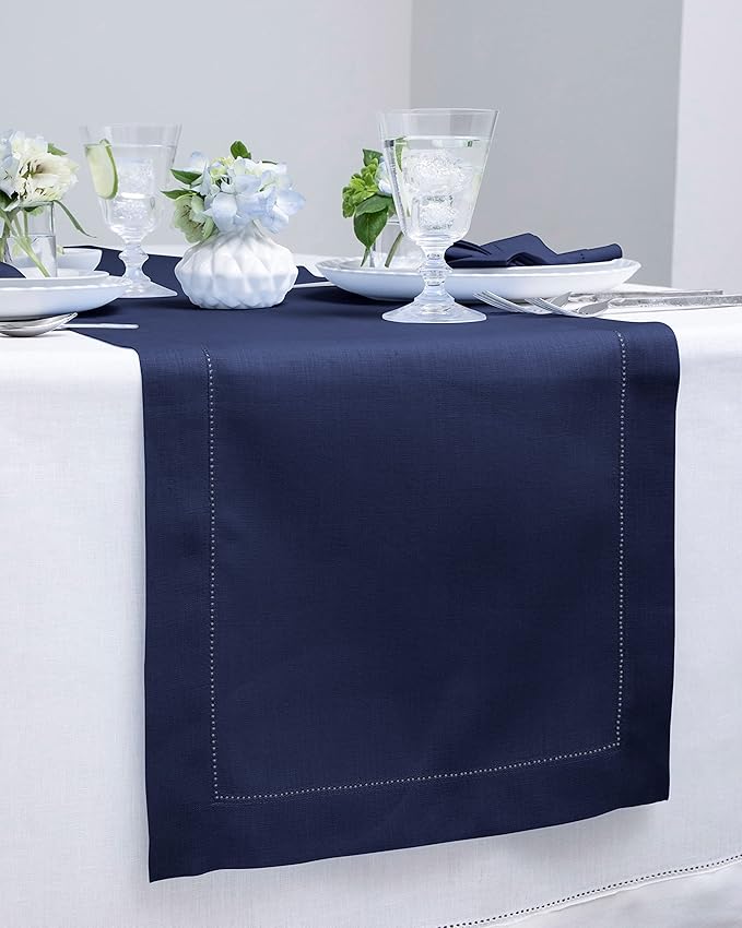 Solino Home Linen Navy Table Runner 90 Inches Long - 100% Pure Linen Hemstitch 14 x 90 Inch Table Runner for Dining, Fall, Autumn, Thanksgiving - Classic Hemstitch