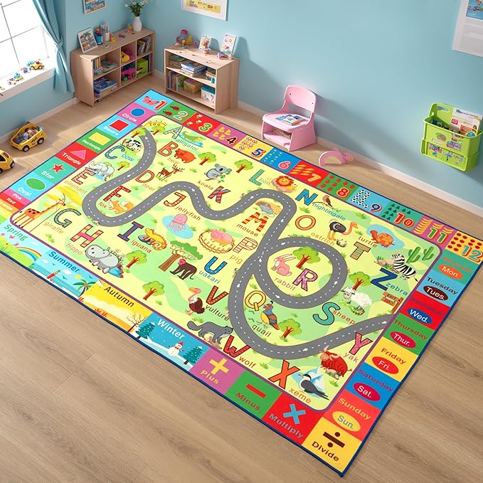 Terrug Kids Rugs for Playroom, Educational Classroom Rug for Kids Room, Washable Nursery Rug Carpet Non Slip Playroom Rug Play Mat for Learning ABC Rug, Numbers, Animal, Colors, Season, 4X6 Feet