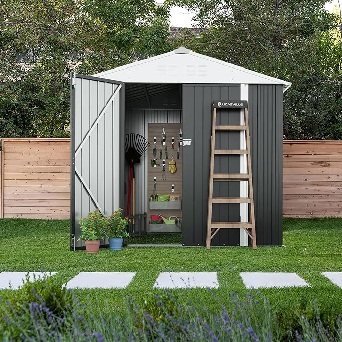 Devoko Outdoor Storage Shed 8 x 6 FT Lockable Metal Garden Shed Steel Anti-Corrosion Storage House with Single Lockable Door for Backyard Outdoor Patio (Gray)