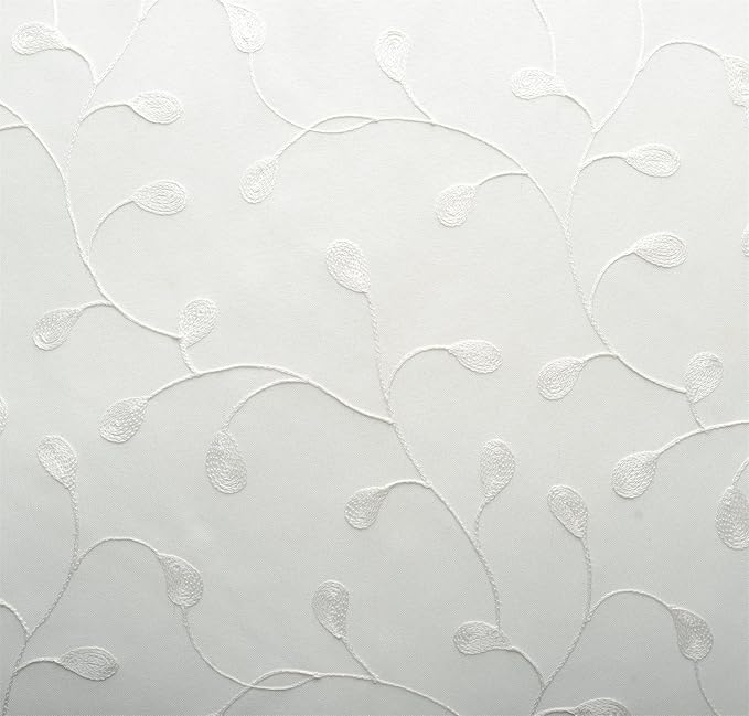 MIUCO Floral Embroidered Semi Sheer Curtains Faux Linen Grommet Curtains for Girls Room 52 x 84 Inch Set of 2, Off White