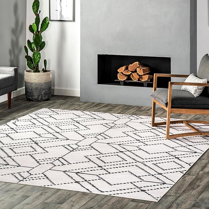 nuLOOM Echo Multi Diamond Machine Washable Ultra Thin Area Rug, 4' x 6', Ivory
