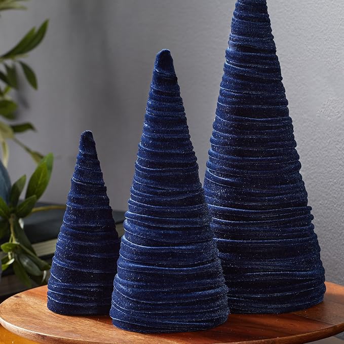 Your Heart's Content Velvet Trees Set of 3 Navy, Artisan Mantel Decor, Valentine Tabletop, Tablescape Décor, Elegant Holiday Entryway (Navy)