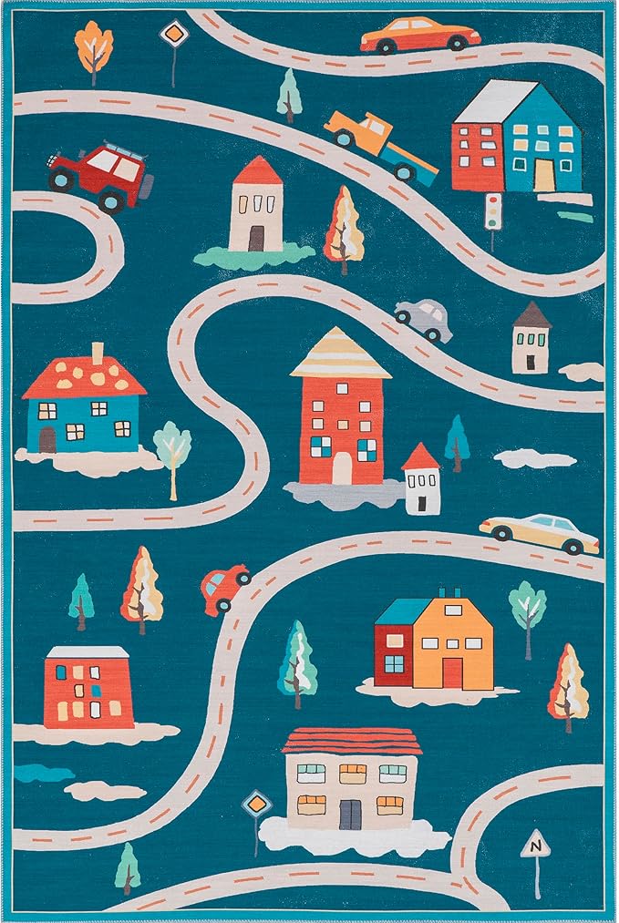 nuLOOM Zita Neighborhood Machine Washable Kids Ultra Thin Area Rug, 5' x 8', Blue Multi