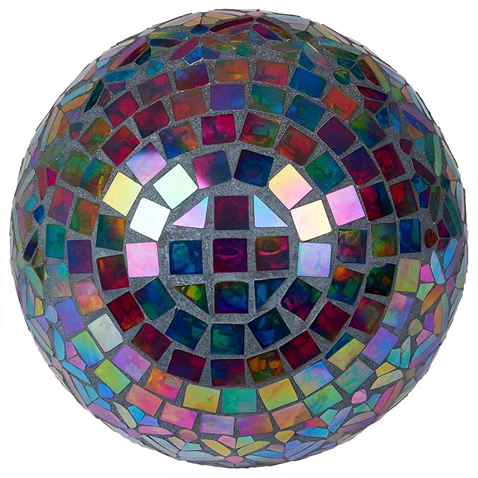 Alpine Corporation - Outdoor Glass Mosaic Peacock Gazing Globe - Iridescent Garden Decor, 10" Diameter, Multicolor