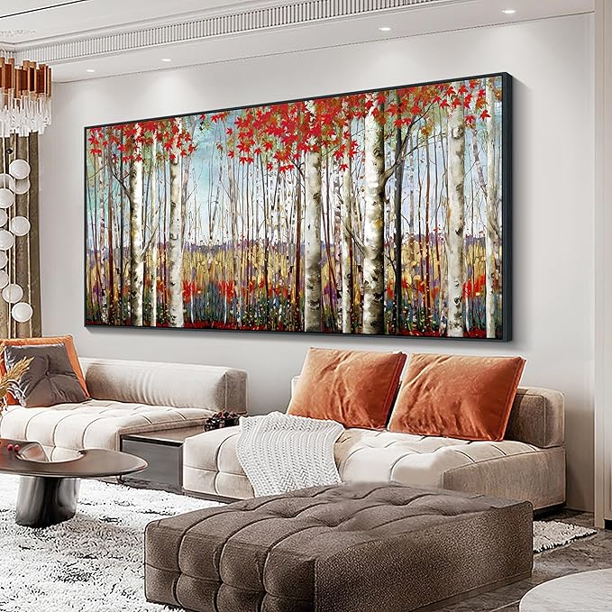 Mofutinpo Large Framed Wall Decor canvas Red Leaves White Birch Tree Wall Art For Living Room bedroom rustic kitchen Modern painting Artwork 29x58 Large Size Black Framed