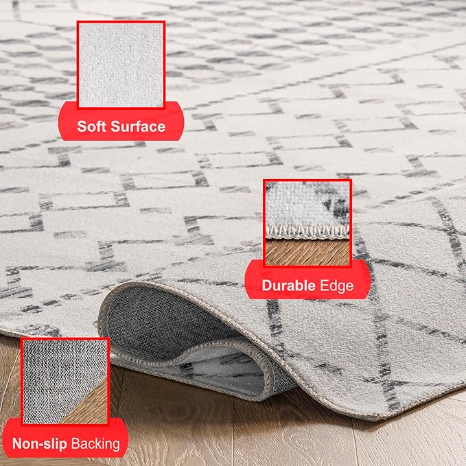 nuLOOM Moroccan Blythe Machine Washable Area Rug, 4' x 6', Grey, Rectangular, 0.1" Thick