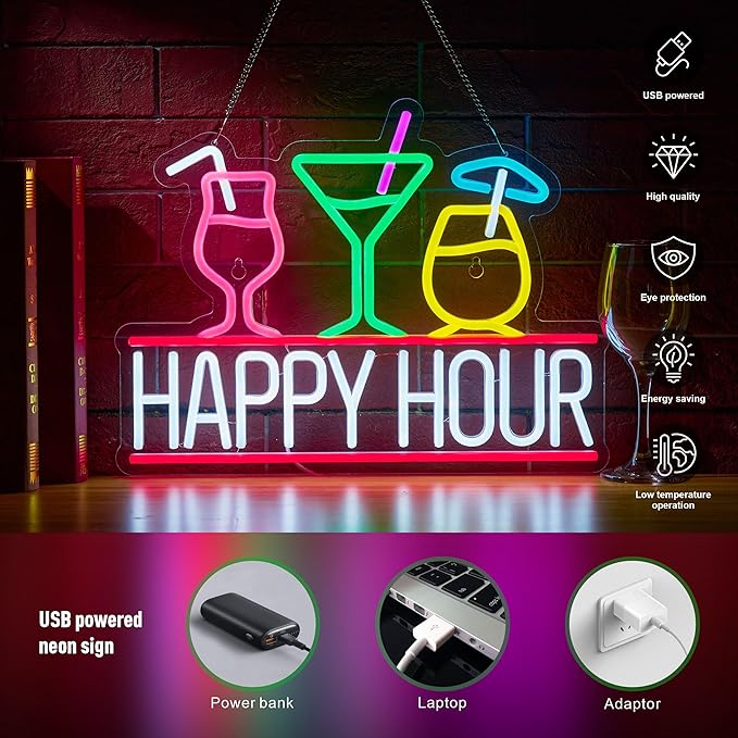 Happy Hour Neon Sign for Wall Decor Beer Bar Signs, USB Powered Dimmable LED Art Lights for Bar Pub Man Cave Party Club