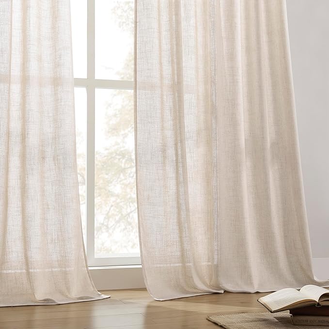 Joydeco Linen Curtains for Living Room,Semi Sheer Drapes Window Long Curtains 84 inches Long Pink Beige