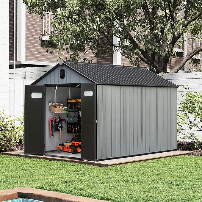 Domi 8x10 FT Outdoor Resin Storage Shed, All-Weather Double-Wall Garden Shed for Backyard, Lawn Tools, Bike, Mower & Pool Equipment with Lockable Doors, Ventilated Roof, Grey