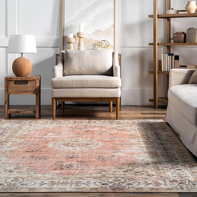 nuLOOM Ren Vintage Floral Machine Washable Ultra Thin Area Rug, 6x9, Peach