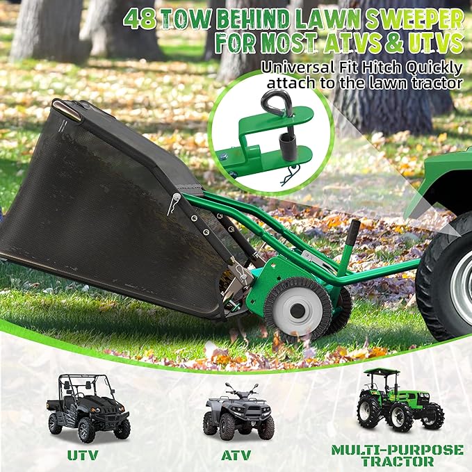 48" Lawn Sweeper Tow Behind - Pull Behind Grass Catcher with 25.16 cu. ft Large Hopper, Heavy Duty Leaf & Grass Collector, Adjustable Brush Height Lever and Dumping Rope, Lawn and Yard Cleanup Tool