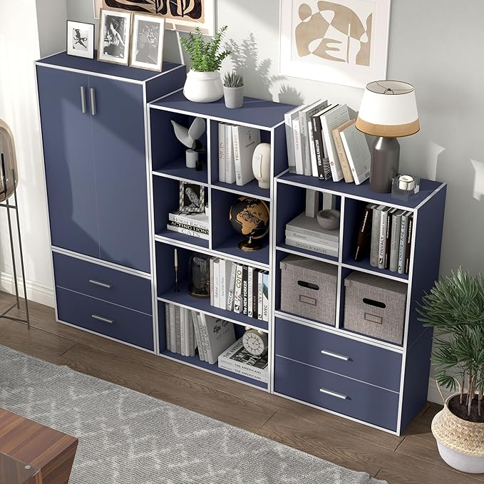 Apexa Stackable Wood Bookcase with Doors, Cube Storage Organizer Shelves, Small Food Pantry, Dorm Teen Room Decor & Bedroom, Home Office, Kitchen, 3-Tier Cabinet, Steel Blue