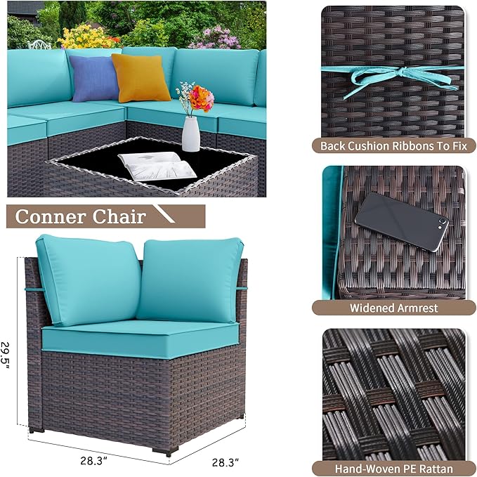 Patio Furniture Set Sofa 12-Pieces Wicker Sectional Sofa Set, Outdoor Furniture Rattan Patio Conversation Set with Thickened Cushions and Glass Coffee Table, Blue