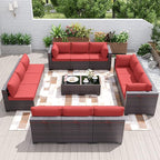 Patio Furniture Set 14-Pieces Outdoor Furniture for Backyard Wicker Sectional Sofa Set, Rattan Patio Conversation Set with Thickened Cushions and Glass Coffee Table, Red