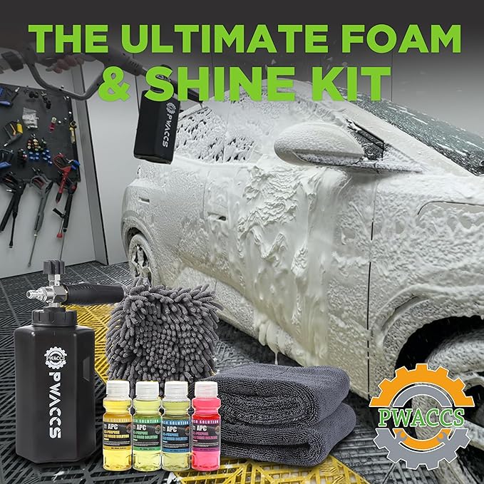 PWACCS Foam Cannon for Pressure Washer, Car Wash Kit with Soap, Snow Foam Blaster 1.5 Liter, Power Washer Soap Cannon with Car Drying Towel and Wash Mitt, 3600 PSI
