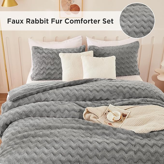 Andency Gray Fleece Comforter Set Full, 3 Pieces Fluffy Fuzzy Faux Fur Bedding Comforter Set, Plush Shaggy Warm Sherpa Bed Comforter Sets for Winter