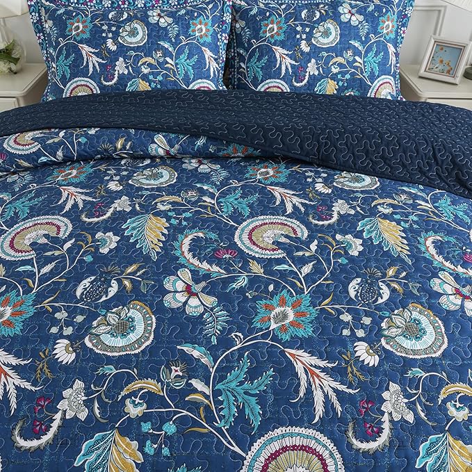 NEWLAKE Quilt Set Queen Size, Bedspread Sets Blue Botanical Floral Patterns, Reversible Quilt Bedding Set Lightweight and Breathable for All Seasons, Soft Quilted Bedspread with 2 Pillow Shams