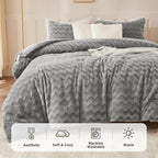 Andency Grey Fleece Comforter Set Queen Size, 3 Pieces Fuzzy Fluffy Faux Fur Bedding Comforter Set for Queen Bed, Warm Plush Shaggy Sherpa Bed Set for Women Man