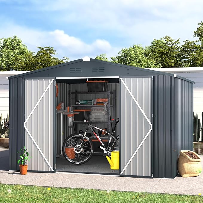 U-MAX Shed 10x10 Storage Shed, Large Metal Outside Garden Sheds & Outdoor Storage Clearance, Tool Shed Outdoor Storage Lockable for Backyard, Patio and Outside Use in Dark Grey
