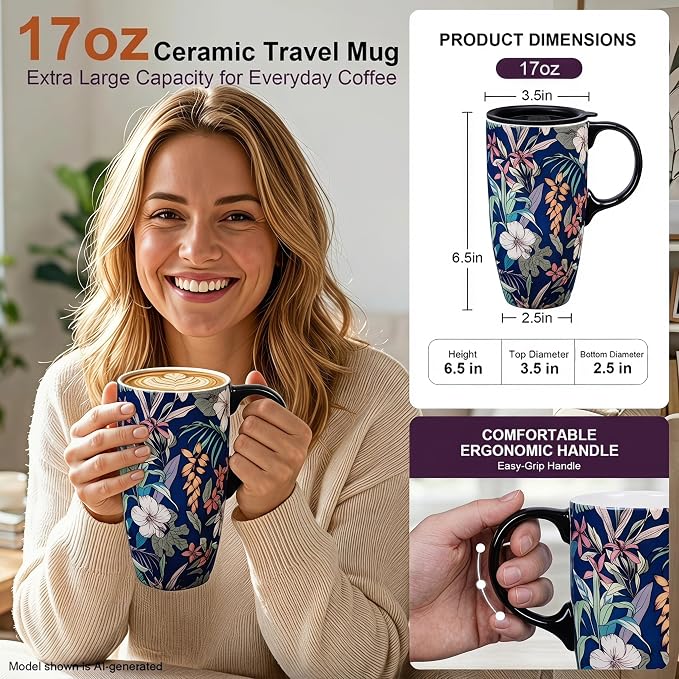 Topadorn 17oz Ceramic Travel Mug with Lid, Tropical Botanical Coffee Mug with Handle, Floral Ceramic Coffee Cup, Microwave & Dishwasher Safe, Gift Box Included