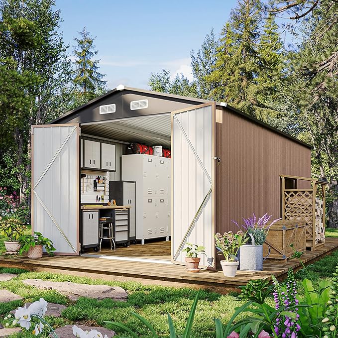 8x15 FT Metal Outdoor Storage Shed, Dual Doors with Lockable Bolts, Large Garden Shed for Yard Tools, Bike, Generator, Waterproof Galvanized Steel Panel with Vent & Sloping Roof(Brown)