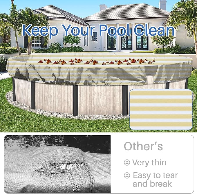 ECOOPTS 9 ft Round Pool Cover for Above Ground Pools, Swimming Pool Cover Protector Winter Safety Cover (Beige White Stripes)