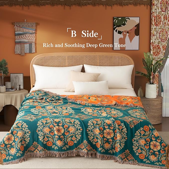 Boho Throw Blanket Queen Size, Oversized Soft Cozy Cotton Muslin Quilt Blanket for Bed Decor, Floral Patterned Couch Sofa Chair Cover, Vintage Farmhouse Cottage Woven Blanket, Orange&Green