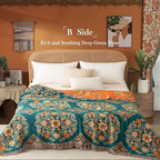 Boho Throw Blanket Queen Size, Oversized Soft Cozy Cotton Muslin Quilt Blanket for Bed Decor, Floral Patterned Couch Sofa Chair Cover, Vintage Farmhouse Cottage Woven Blanket, Orange&Green