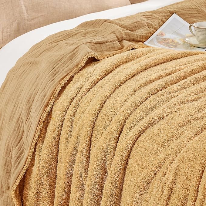 EMME Muslin and Fleece Queen Blanket Reversible - 80"*90" Beige Soft Warm Throw Blankets for Couch Bed Picnic Travel Bed