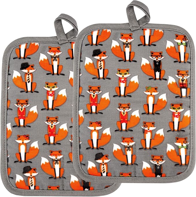 Pot Holders Set of 2 Heat Resistant 480 ℉ Non Slip Clear Silicone Printed Comfortable Cotton Lining Kitchen Women Men Cooking Baking Microwave Machine Washable (Fox, Gray Potholders)