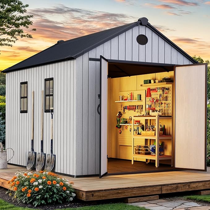 YITAHOME 8x10 FT Outdoor Storage Shed with Floor, Plastic Garden Shed for Bikes, Tools, Supplies, Waterproof Resin Shed with Lockable Doors, 2 Windows & 2 Vents for Patio, Backyard, 556 cu. Ft., Gray