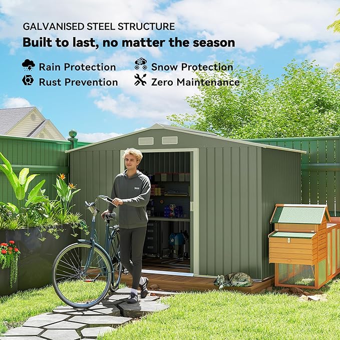 Outsunny 9' x 6' Outdoor Storage Shed, Garden Tool Metal Shed with Foundation Kit, Double Lockable Door, Air Vents and Sloping Roof, for Backyard, Patio, Lawn, Green