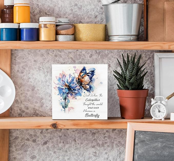 SRADMO Inspirational Desk Signs, Inspirational Butterfly Wood Box Sign Desk Decor, Motivational Desk Decor, Encouragement Theme Wooden Block Box Sign Decoration for Home Office Shelf Table Decor